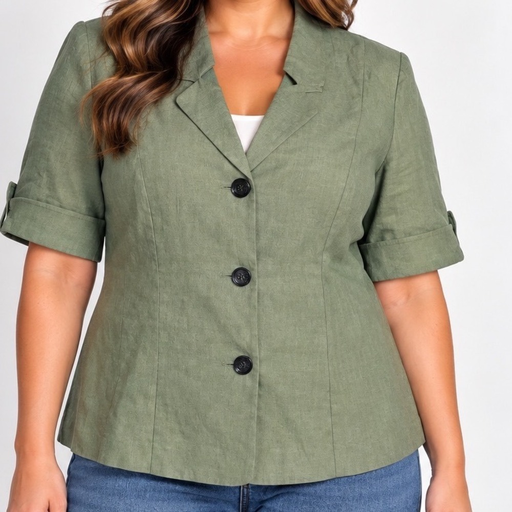 Miss Dorby Linen Blend Blazer Size 16 Sage Green Short Sleeve Cottagecore